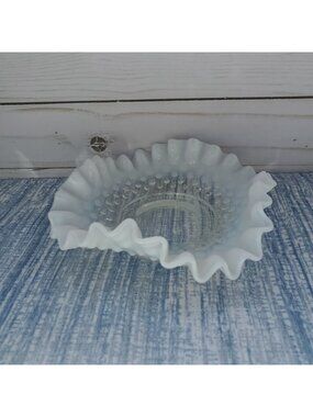 VTG Fenton White Opalescent Glass Hobnail Ruffled Edge Candy Trinket Dish 1950s